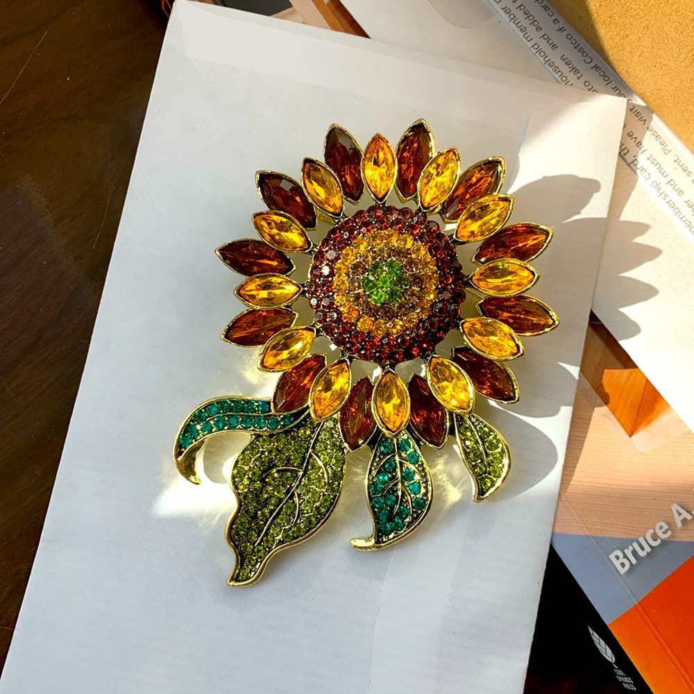 Sunflower Brooch with Yellow and Green Crystals